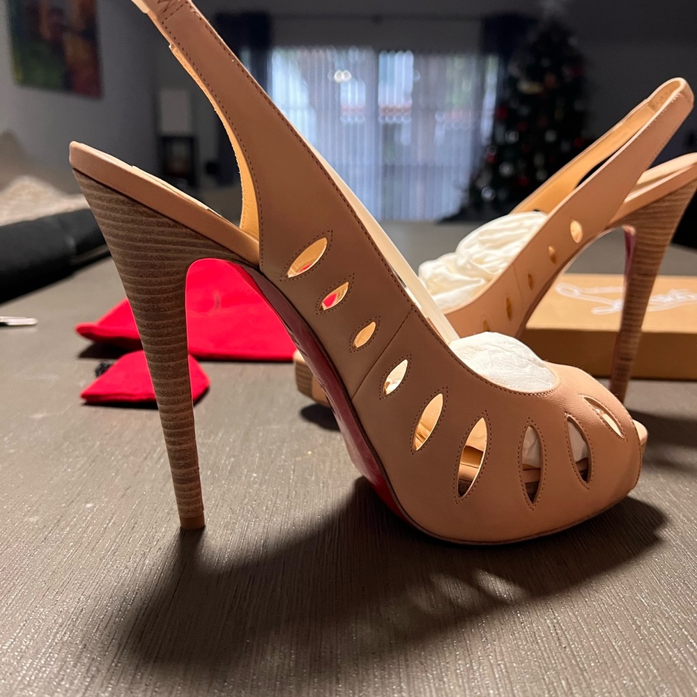 Christian Louboutin Nude Peep-Toe Slingback Heels